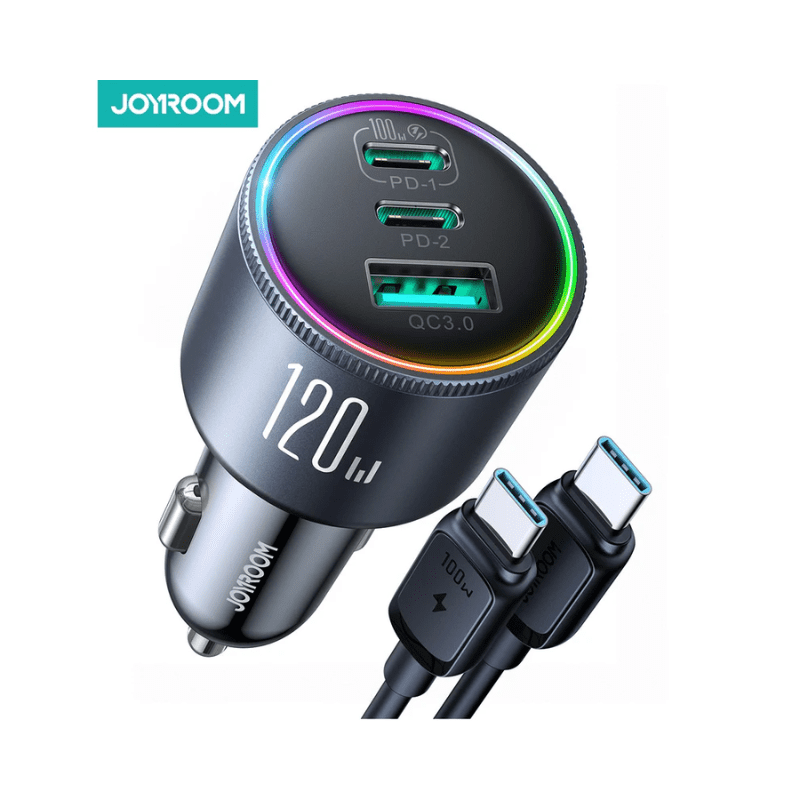 JOYROOM_Fast Car Charger_ 3-Port-Type-C*2+USB-A*1_120W_Black_JR-CCN07