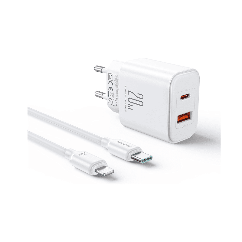 JOYROOM_Fast Charger_Dual-Port_Type-C + USB-A + Cabel Lightning 1m _20W_White_JR-TCF05EU